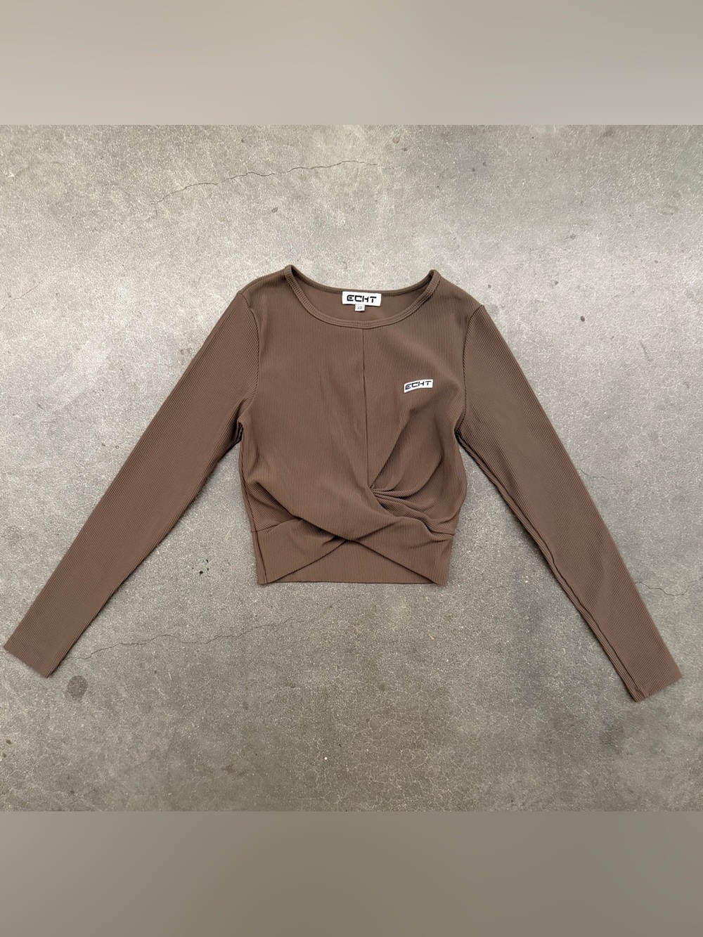 ECHT Brown Twist-Front Ribbed Long Sleeve Top